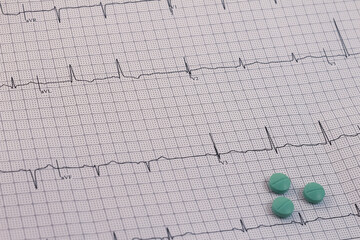 EKG and green pills. Cardiovascular control concept.