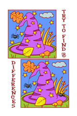 Find differences visual puzzle or picture riddle with with's hat and spider. 
