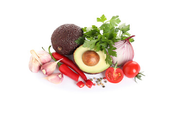 Fresh ingredients for guacamole on white background, top view