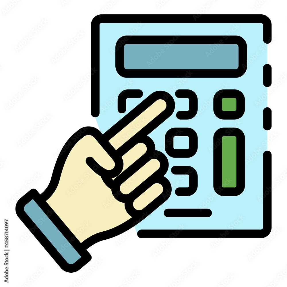 Poster hand show on calculator icon. outline hand show on calculator vector icon color flat isolated