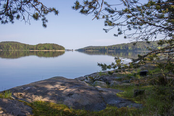 Summer landscape overlooking the lake. Sunny morning on the lake. Picturesque landscape with a reservoir.
