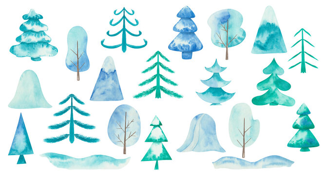 Watercolor illustration hand painted blue bank of snow drift, mountain, fir trees, pine, spruce for Christmas, New Year isolated. Winter clip art elements for design postcard, packaging paper, textile