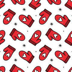 Cute doodle style red mittens and snowflakes vector seamless pattern background for Christmas and winter design.