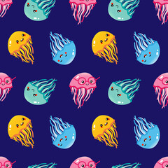 Cute and happy cartoon style colorful jellyfish characters vector seamless pattern background for sea life design.