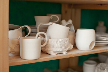 ceramic neutral color clay tableware on the shelf 