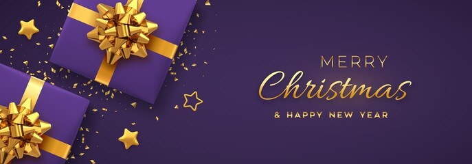 Christmas banner. Realistic purple gift boxes with golden bow, gold stars and glitter confetti. Xmas background, horizontal christmas poster, greeting cards, headers website. Vector illustration.