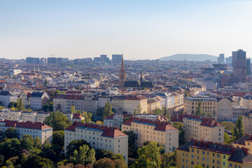 Overview cityscape of Vienna with architecture features traditional houses, Austria’s capital lies in the country’s east on the Danube river, Above view of urban in city with sunlight in afternoon.