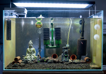 Sulawesi aquarium tank with several equipment and decorative including sponge filter, pump, thermometer, replica and shrimp habitat. Green wall also appear in different side of tank support by light. © narong