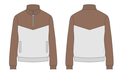 Two tone Grey and Khaki Long sleeve with Short zip fleece jacket overall technical fashion Flat sketch Vector illustration template Front, back views. Apparel Sweater Jacket mock up CAD.