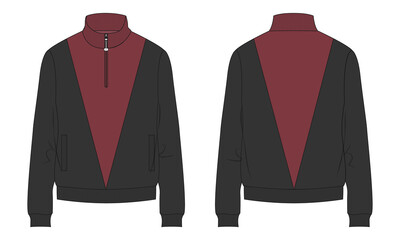 Two tone Red and Black Long sleeve with Short zip fleece jacket overall technical fashion Flat sketch Vector illustration template Front, back views. Apparel Sweater Jacket mock up CAD.