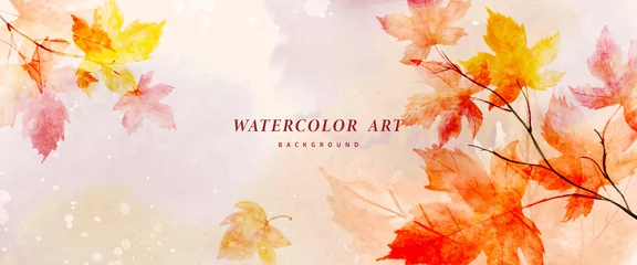 Fotobehang Watercolor autumn abstract background with maple leaves © Artnizu