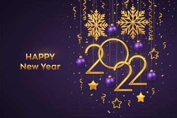 Happy New 2022 Year. Hanging Golden metallic numbers 2022 with shining snowflakes, 3D metallic stars, balls and confetti on purple background. New Year greeting card or banner template. Vector.