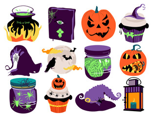 Halloween vector set with tradition symbols.Day of the dead.Night party invitation or greeting card.Spider webs,magic ball,pumpkin,witches hat and cauldron.Full moon and scary night.All Saints Eve