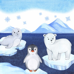 Cartoon arctic animals. Winter landscape, icy iceberg. Seal, polar bear, penguin. © Anna