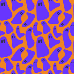 Fantastic violet ghost on orange background. Vector Halloween seamless pattern. Different ghost.