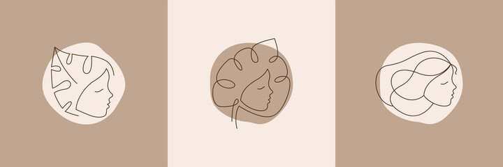 Vector Logo for business in the industry of beauty, health, personal hygiene. Linear stylized image of a female face. Logo for beauty salon, health industry, makeup artist, young girl. Abstract faces.