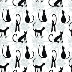 Vector Halloween black cats seamless pattern. Design for Halloween decor, textile, wrapping paper, wallpapers, sticker, greeting cards. Doodle black cat pattern on white background.