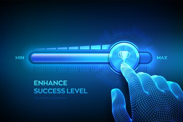 Success level growth. Increasing Success Level. Wireframe hand is pulling up to the maximum position progress bar with the Trophy cup icon. Business achievement concept. Vector illustration.