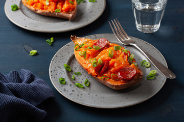 twice baked sweet potato with cheese and chorizo sausage
