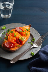 twice baked sweet potato with cheese and chorizo sausage