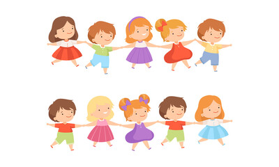Little Children Holding Hands Walking and Having Fun Vector Set