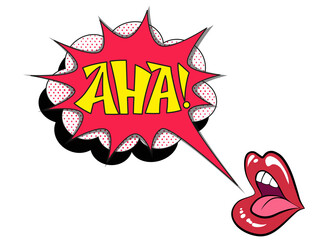 Comic lettering aha with red lips and an open mouth. Vector bright cartoon illustration in retro pop art style. Comic text sound effects. EPS 10.	
