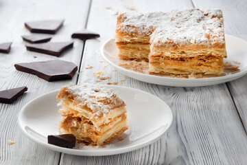 Napoleon cake, made of flaky, buttery puff pastry and chocolate