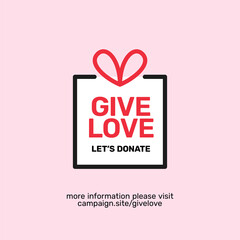 Give Love online charity foundation logo template design with simple clean gift box and heart ribbon line vector illustration