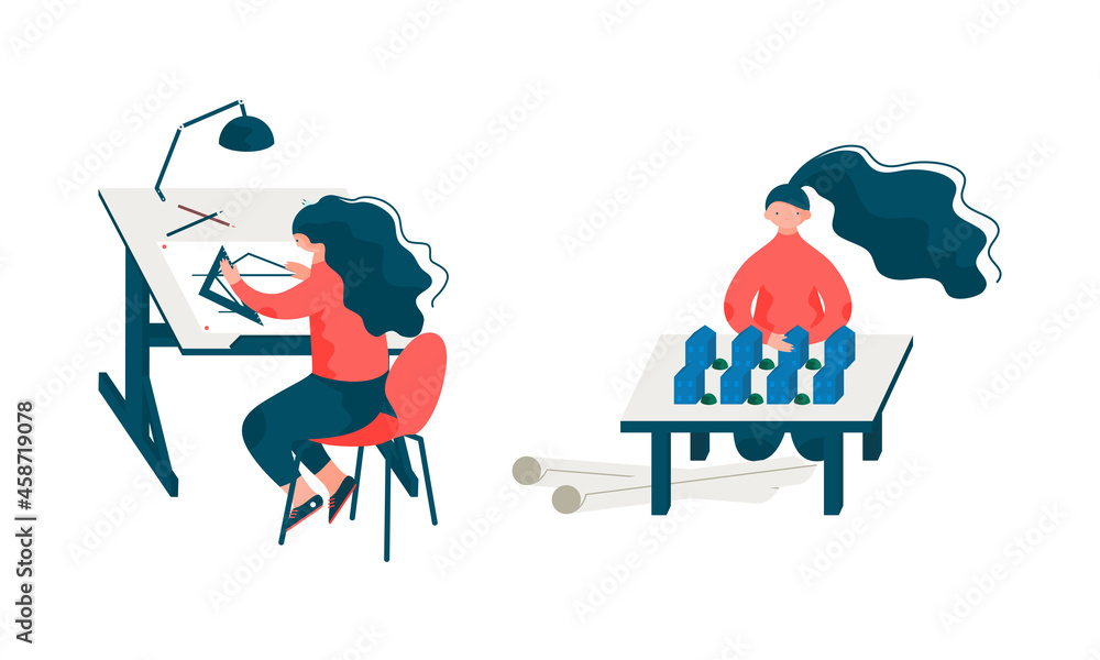Poster woman architect at table designing project and blueprint for building construction vector set