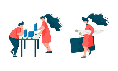 Man and Woman Architect at Table Designing Project and Blueprint for Building Construction Vector Set