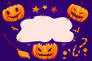 Vector illustration. Halloween party, banner, poster, invitation. bats, pumpkin, background, leaflet. candy, broom, bat, stars