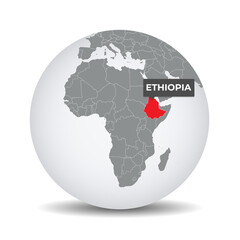 World globe map with the identication of Ethiopia. Map of Ethiopia. Ethiopia on grey political 3D globe. Africa map. Vector stock.