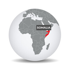 World globe map with the identication of Somalia. Map of Somalia. Somalia on grey political 3D globe. Africa map. Vector stock.