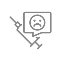 Medical syringe and sad face in speech buble line icon. Vaccination, consequences of vaccination, negative feedback symbol