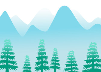 Background with mountains and fir trees. Winter natural landscape. Vector illustration in flat style
