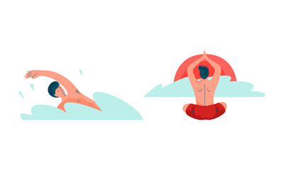 Man Splashing in Water Swimming and Sitting in Yoga Pose Vector Set