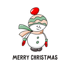Christmas card with a cute snowman and the inscription Merry Christmas. Vector illustration in doodle style