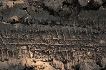 Ground mud with tire track as background, closeup