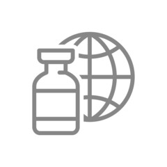 Medical ampoule and the globe Earth line icon. Worldwide immunity, vaccine, serum, collective immunity symbol
