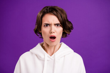 Photo of adorable shocked young woman dressed white pullover open mouth isolated violet color background