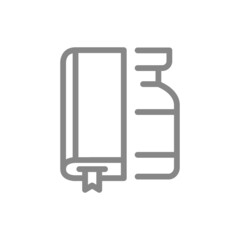 Medical ampoule and book line icon. Vaccination information, serum information symbol
