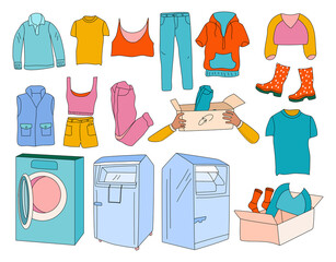 Clothes donation and special container or charity box collection.Swapping shoes, crop top, jeans, pullover, shirt.Doodle style garment set.Contribution in Eco lifestyle, recycling.Giving your wardrobe