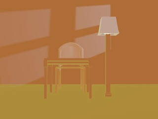 オレンジトーンの部屋にある椅子と机とライトと窓のから差し込む光のポップな3d イラスト
