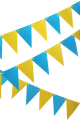 Rows of triangular bunting flags on white background. Festive decor