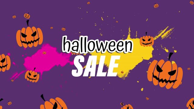 Animation of halloween sale and floating pumpkins on purple background
