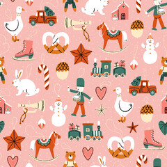 Christmas tree retro toys, cartoon illustration pattern in pink and green vintage colors - 458721694