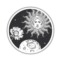 The face of the sun, planets and flowers. Space illustration. Vintage illustration. T