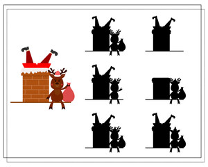 A logical game for children, find the right shadow. cartoon santa is stuck in a pipe. vector