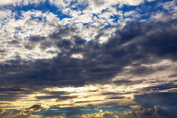 Dense dark clouds in the twilight . Heaven before storm 