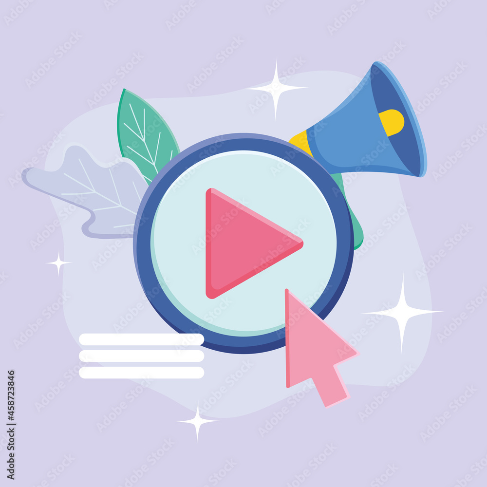 Poster play button with cursor and megaphone